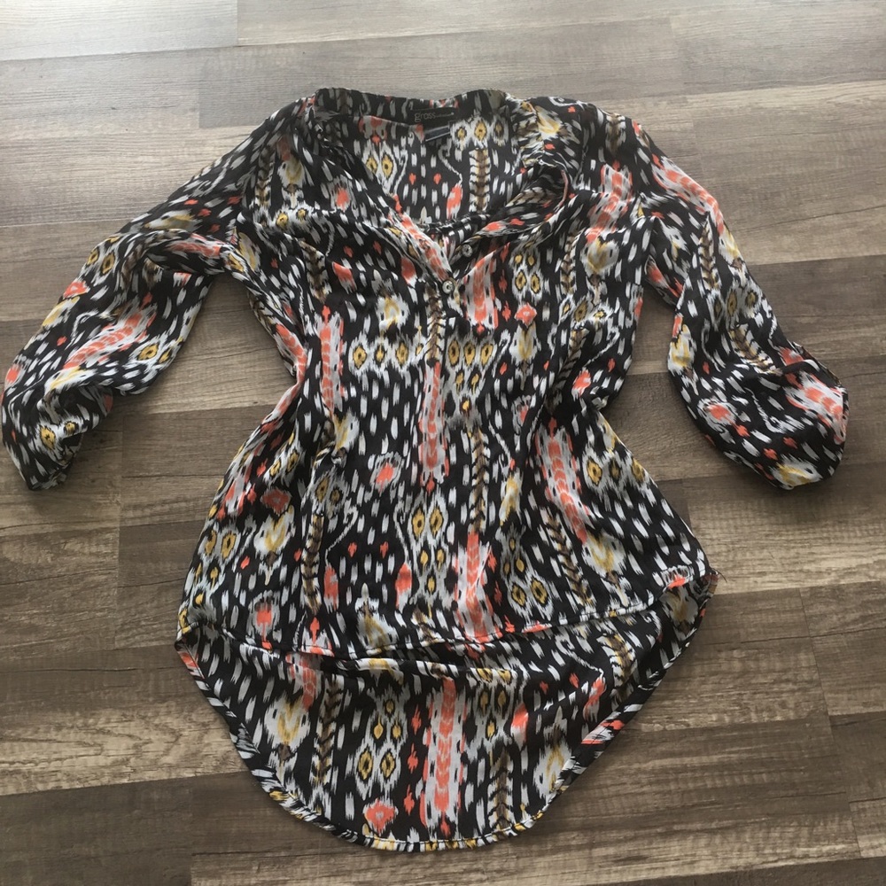 Sheer Printed High/Low Blouse- Small 🧡